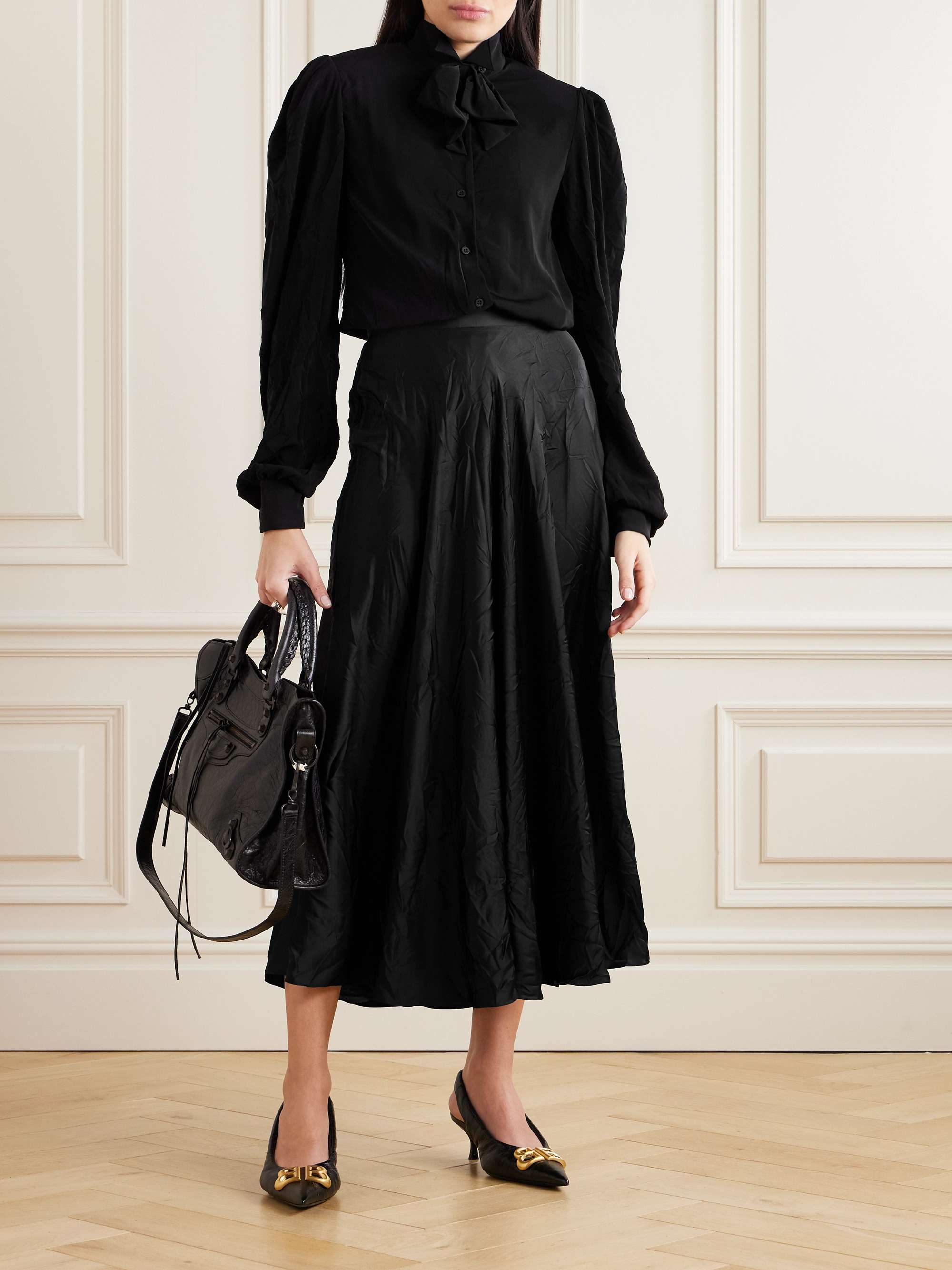 BALENCIAGA Pleated crinkled-satin midi skirt | NET-A-PORTER