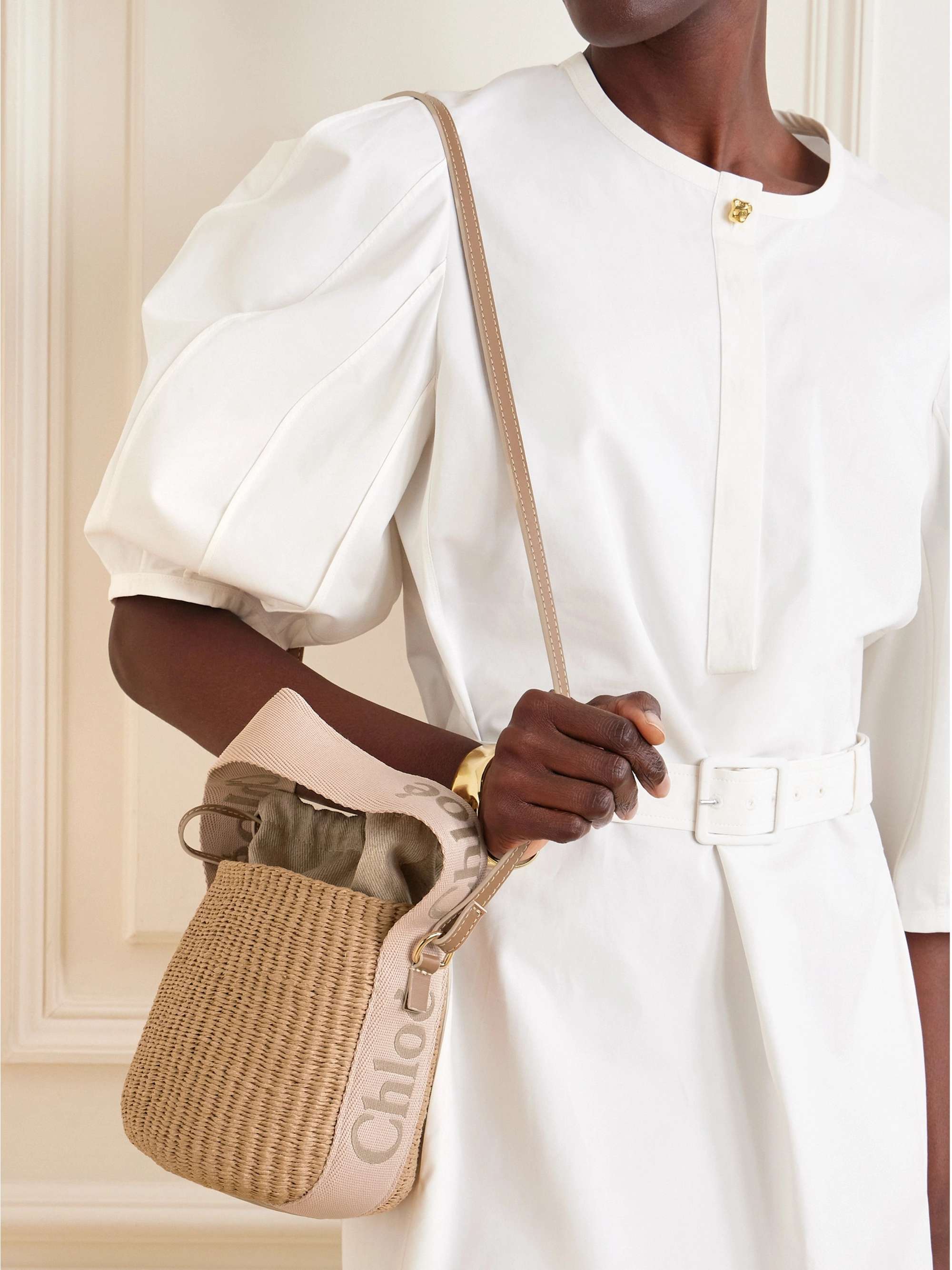 CHLOÉ Woody small leather-trimmed raffia basket bag | NET-A-PORTER