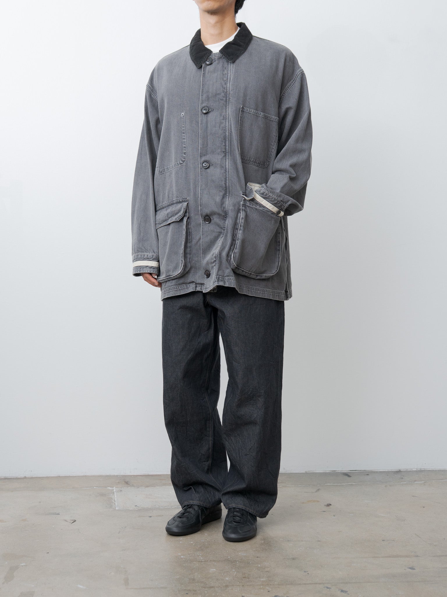 Namu Shop - Yoke Vintaged Denim Coverall Half Coat - Black