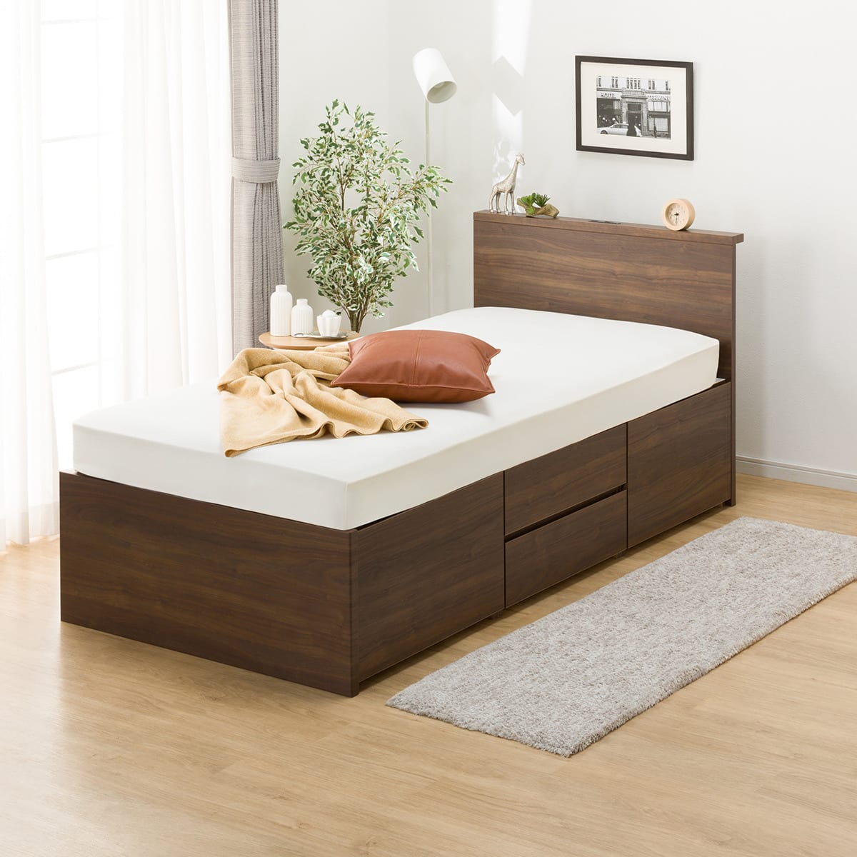 すのこシングル棚・コンセント付きチェストベッドフレーム(N-ジオT