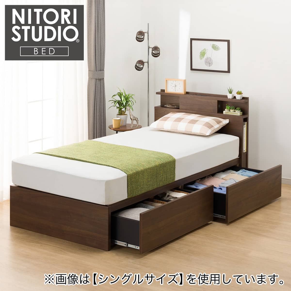 クイーン 棚・照明・サイド収納付きベッドフレーム(NS-004 深型/すのこ