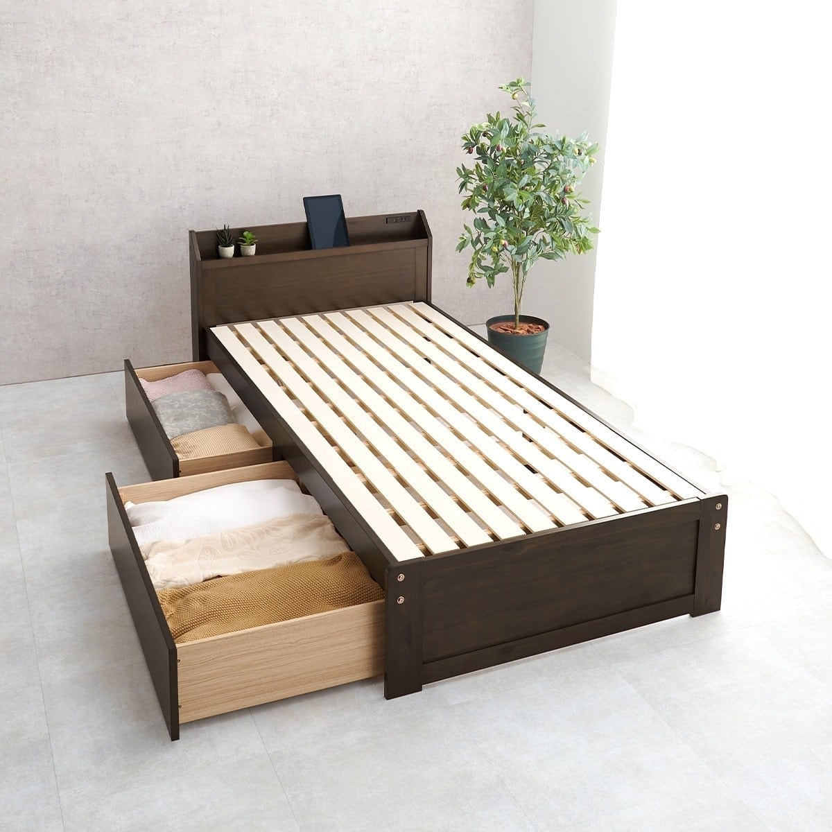 熊熊ダークブラウン シングルベッドフレーム 2点 バラ売り可 熊熊