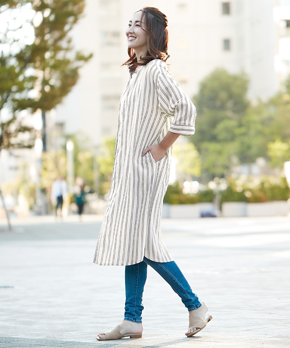 7分袖麻混ゆったりロングシャツワンピース【アトランダム】 通販