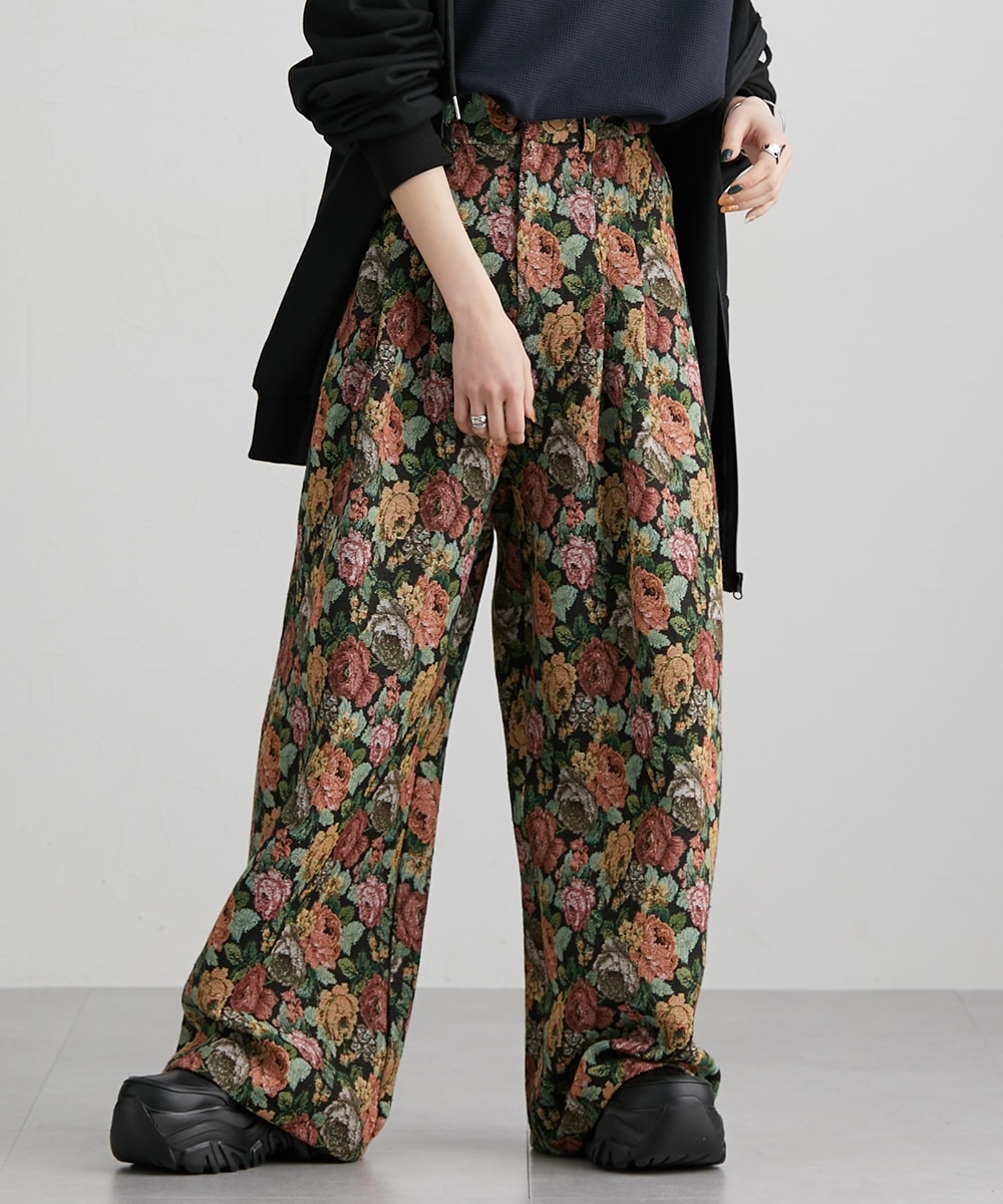 洗える】総柄ジャガードワイドパンツ［Soiunique］ ストレッチ 楽ちん