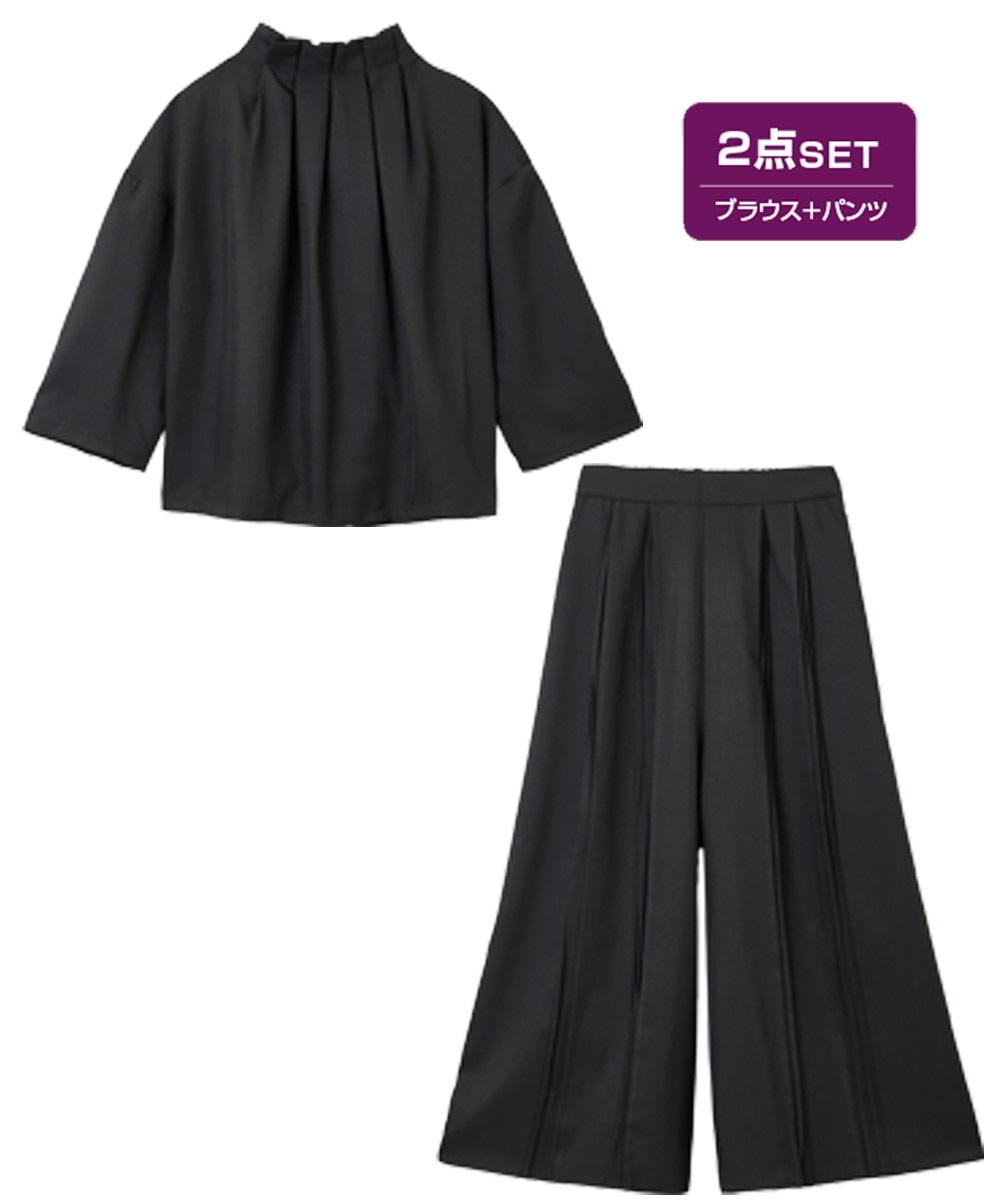 スタンド襟ブラウス+プリーツガウチョパンツセットアップ【アト