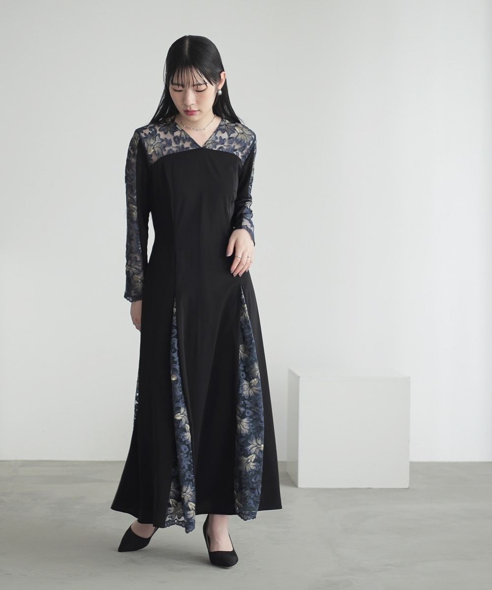 結婚式・パーティー・オケージョンドレス】チュール刺繍切替デザイン