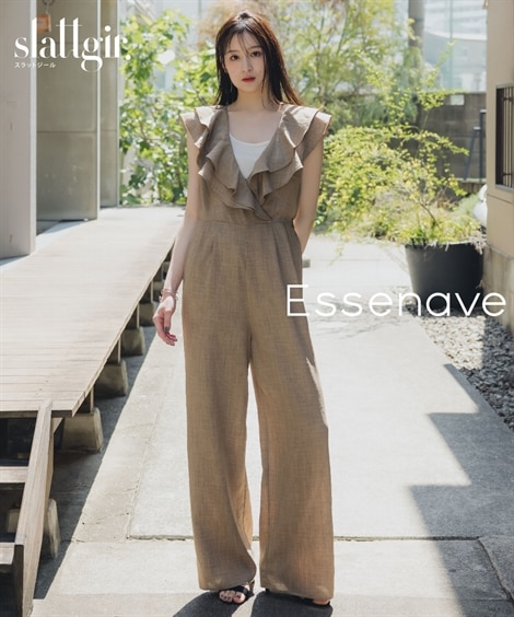 高身長 ソフト麻調フリルデザインサロペット（トールサイズ）Essenave