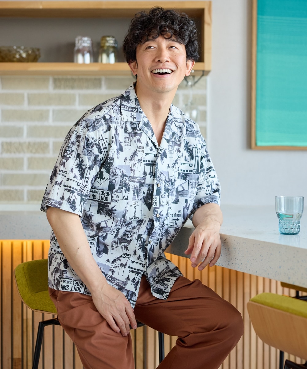 オーバーサイズ綿100％オープンカラー5分袖アロハシャツ（フォト柄