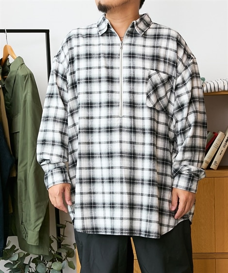 綿100％オーバーサイズハーフジップチェックシャツ【大きいサイズ