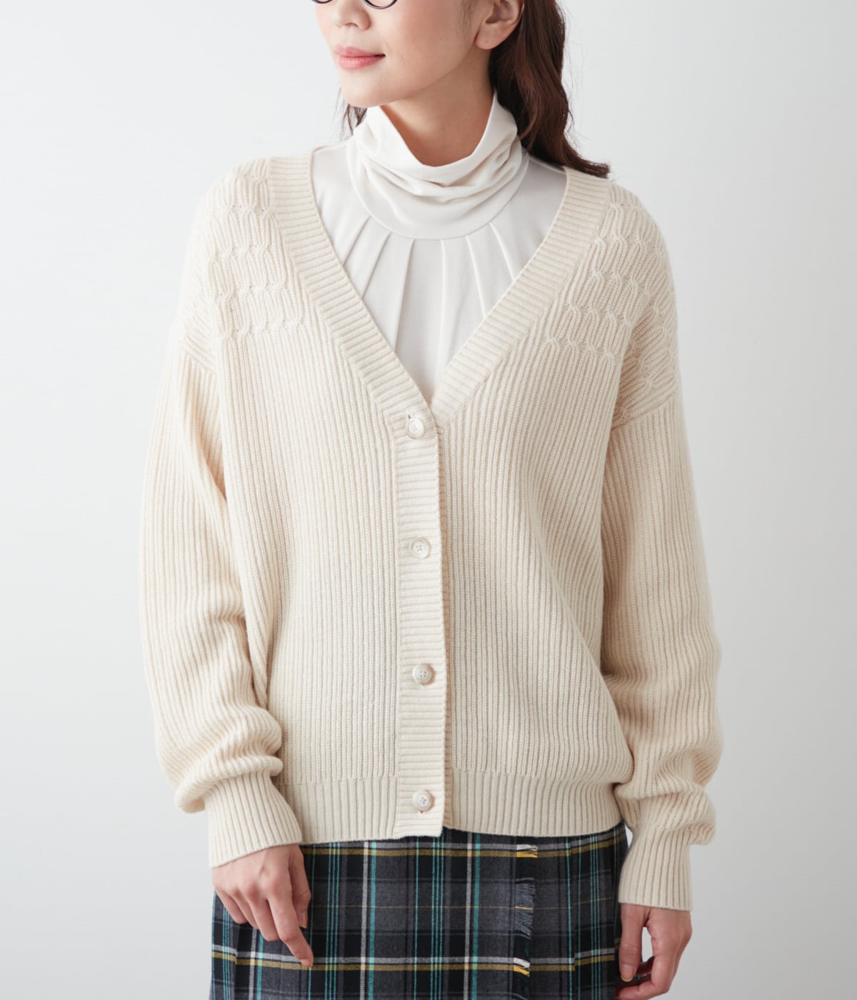 L】【手洗い可能】ウールコットン片畔 Vネックカーディガン(54713662