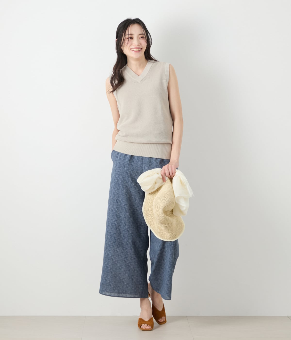 リネンライクワッフル Vネックノースリーブプルオーバー(51725660-2025