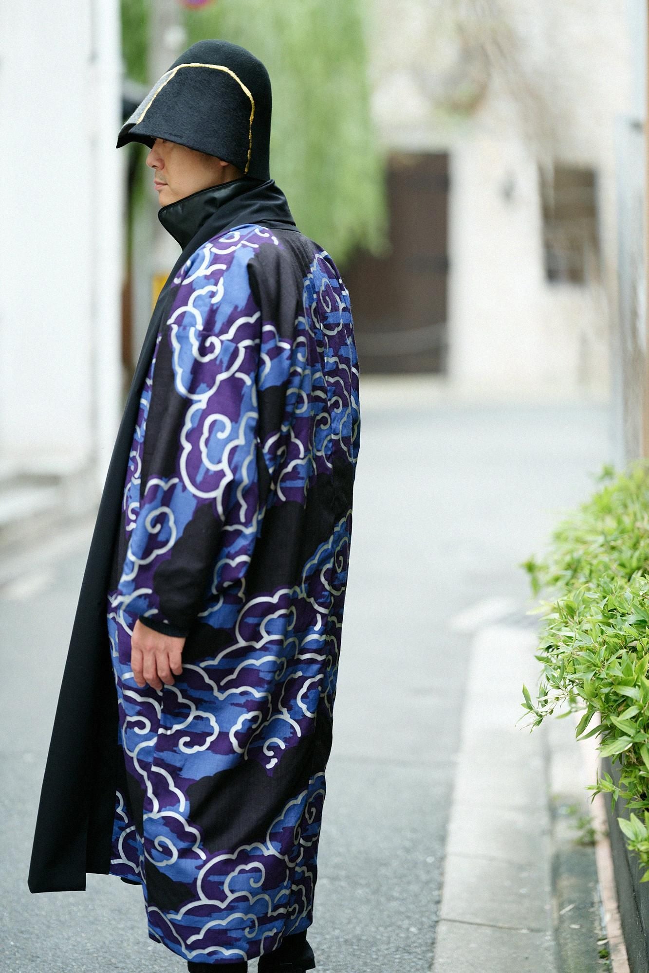 梳毛（そもう）×モスリン もじり袖 可逆（かぎゃく）／濡羽色（ぬれば