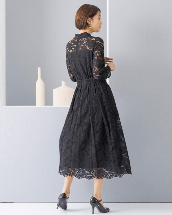ブラック】コードレース×ジョーゼット お袖付き ボウタイドレス｜東京