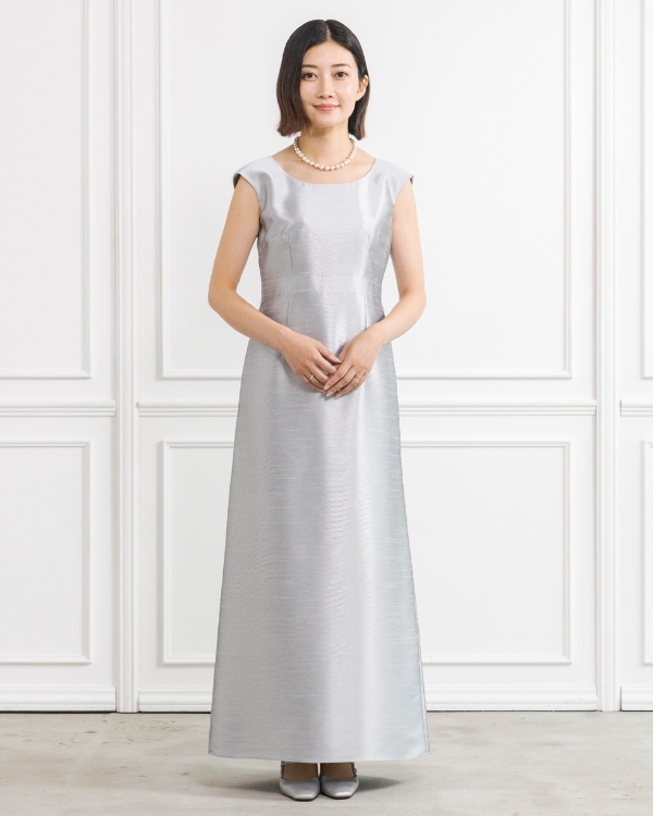 シルバー】シャンブレーシャンタン ストレートライン ロングドレス