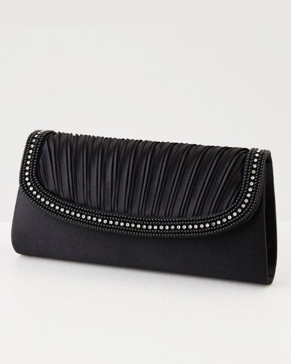 ブラック】ビーズライン×プリーツデザイン サテンフォーマルバッグ