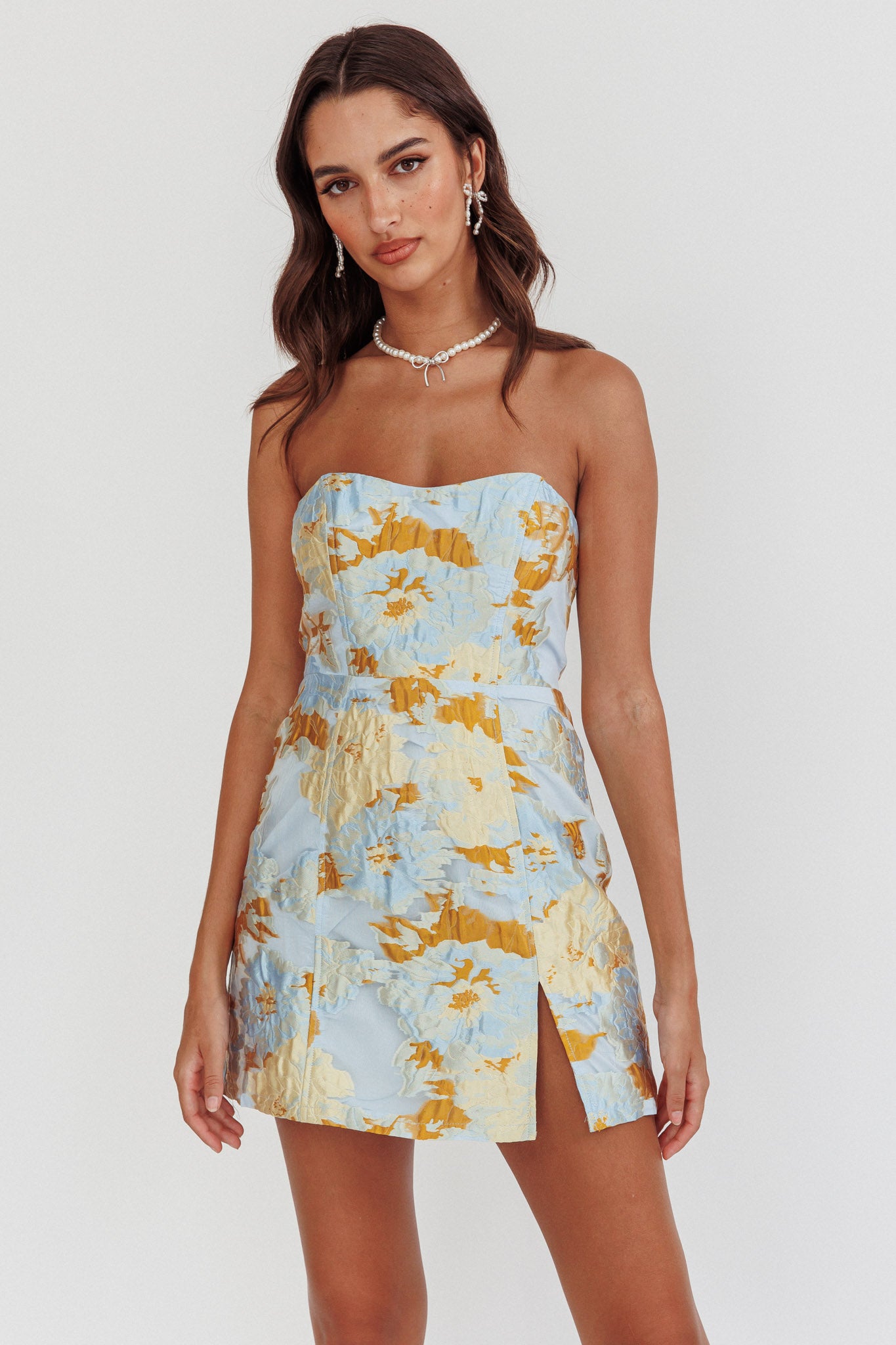 Shop the Marlina Strapless Jacquard Mini Dress Blue