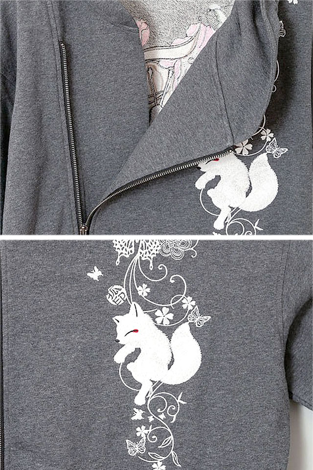 蝶とリボンと花」斜めZIPロング丈総刺繍パーカー 今昔 KJ-29177 和柄