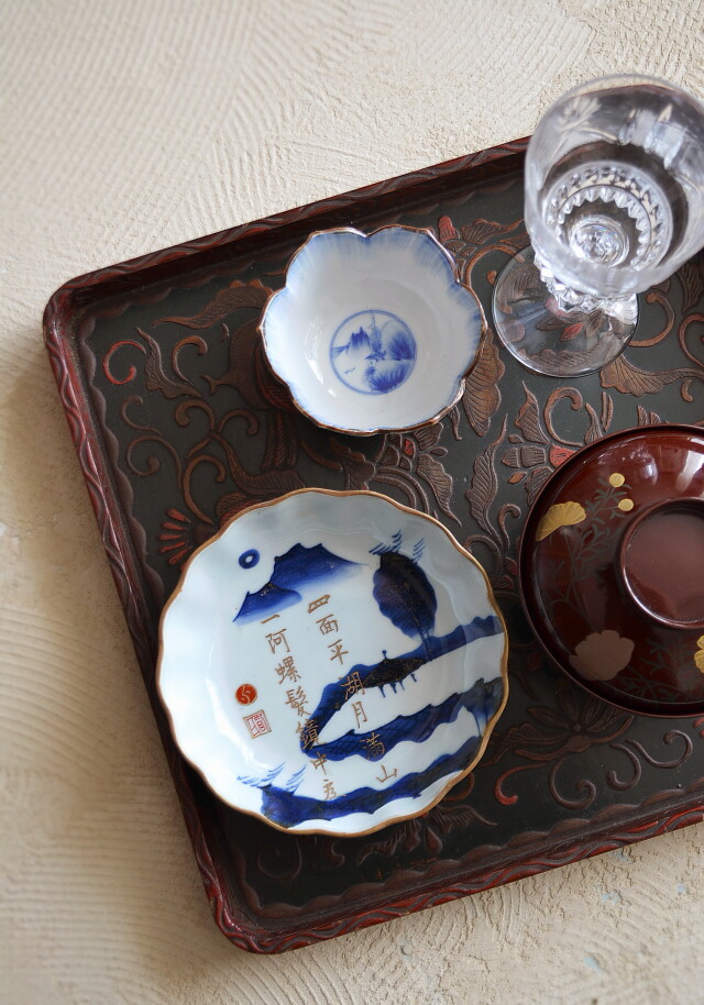 Antique Sam's Collection手描き染付なます皿 金彩漢詩 5枚組