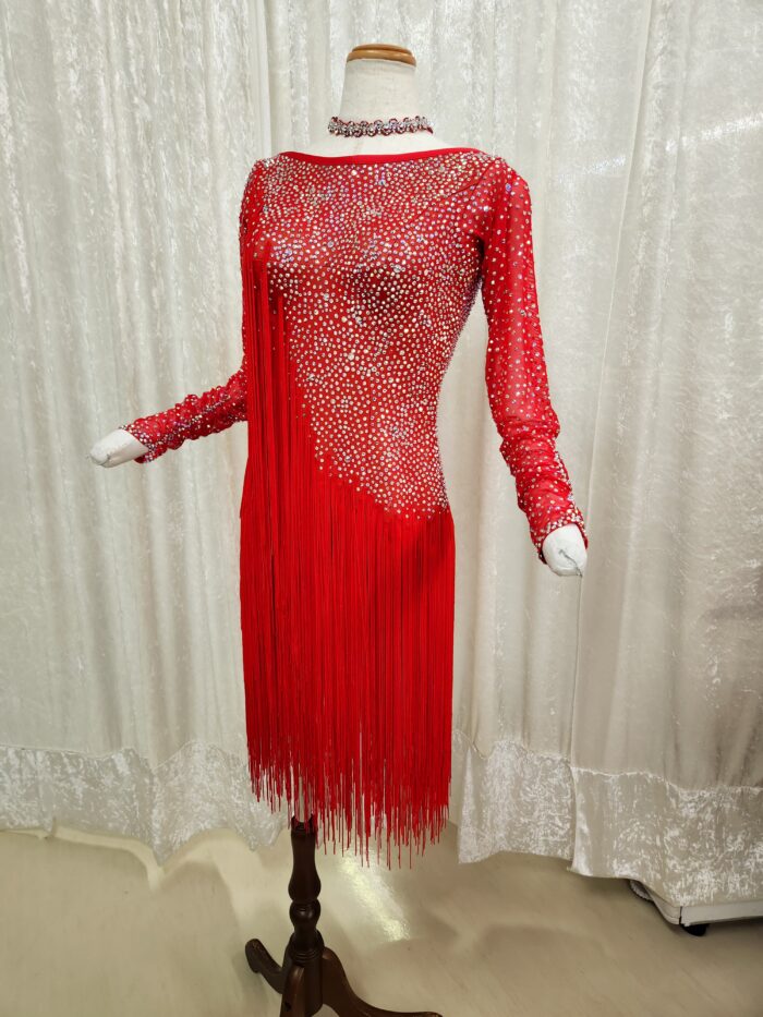 試着・レンタル・購入】社交ダンスドレス 真っ赤 Lサイズ フリンジ