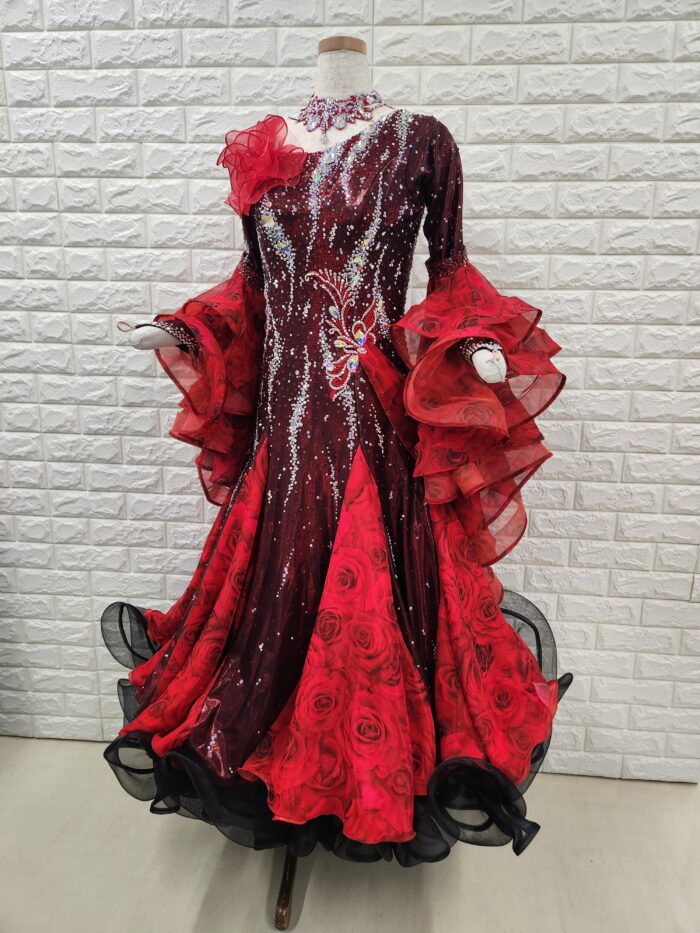 試着・レンタル・購入】社交ダンスドレス Lサイズ 赤黒 スタンダード