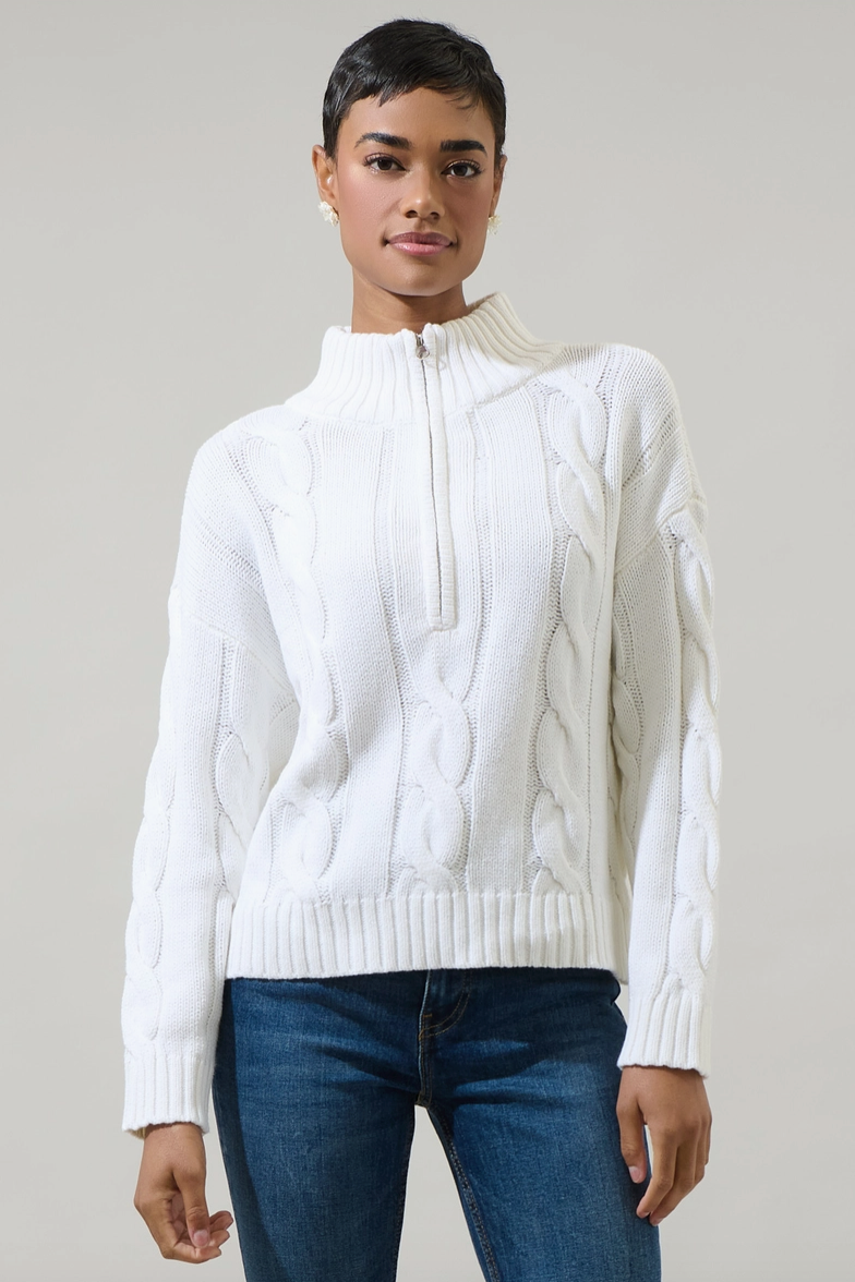 White Zip-Up Sweater | Chic & Cozy Knit with Mock Neck – Southern