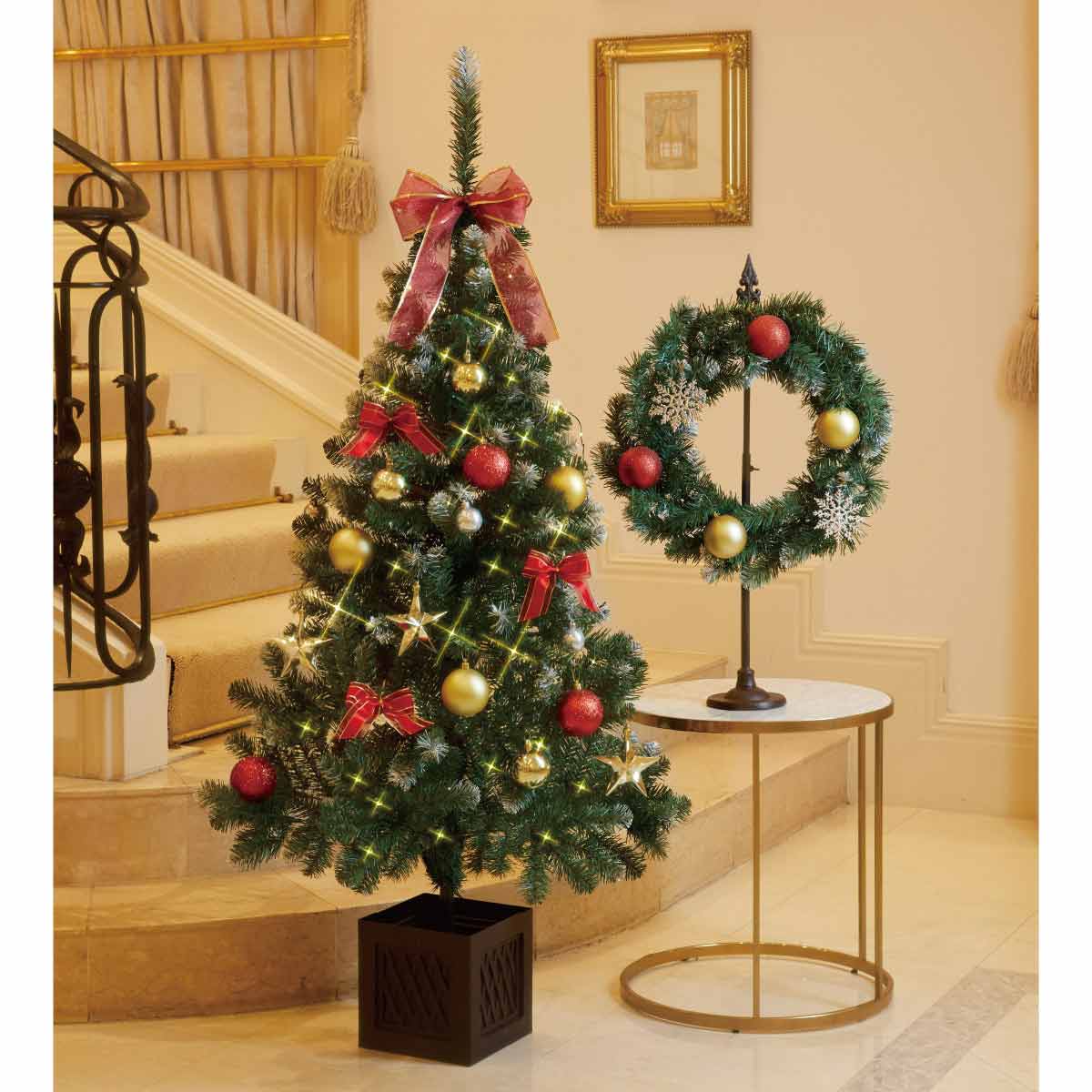 2WAYガーランド付クリスマスツリーセット レッド 150cm［ストエキ