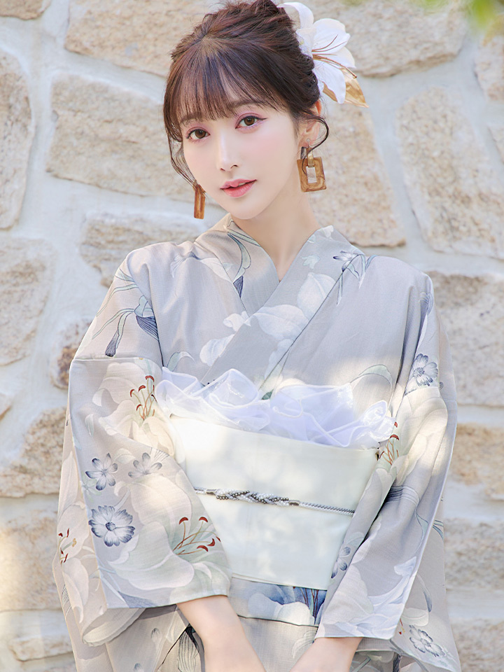 即日発送！】【浴衣】グレー地×可憐に咲き誇る百合浴衣【浴衣3点