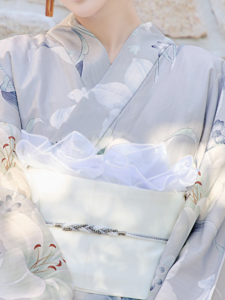 即日発送！】【浴衣】グレー地×可憐に咲き誇る百合浴衣【浴衣3点