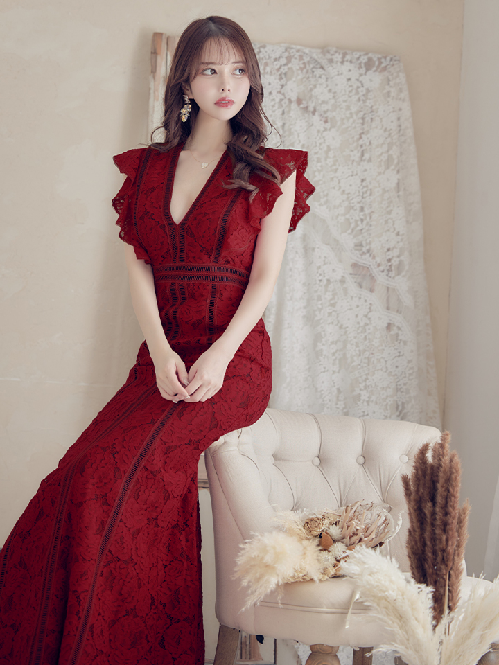 SETTAN/セッタン】総レース/ Vネック/ Aライン/ ワンピース/ ロング