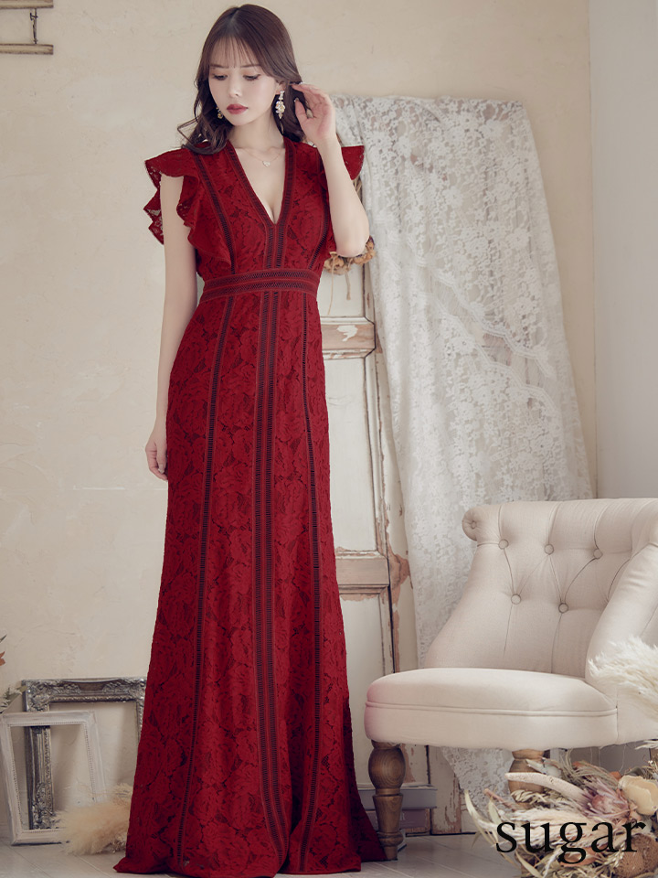 SETTAN/セッタン】総レース/ Vネック/ Aライン/ ワンピース/ ロング