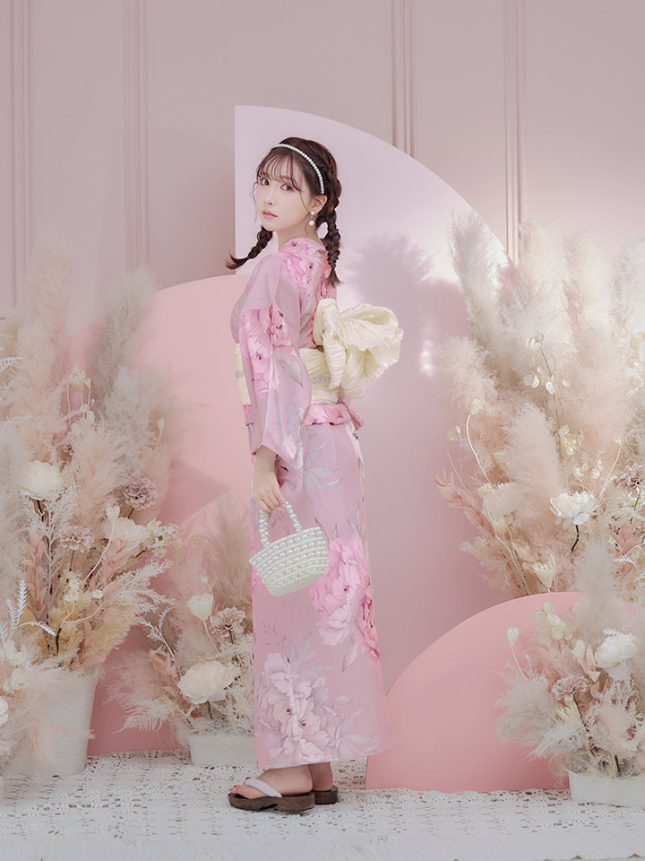 即日発送】【浴衣】大人スウィート/ピンク地に大柄牡丹浴衣 【浴衣3点