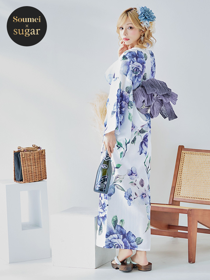 即日発送！】【浴衣】白地に水彩牡丹のクラシック浴衣 【浴衣3点