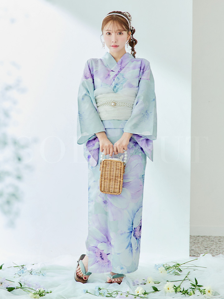 即日発送】ニュアンスフラワーミント牡丹浴衣【浴衣3点セット 浴衣/帯