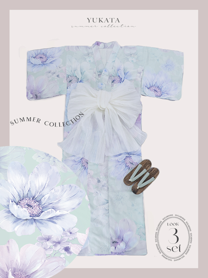 即日発送】ニュアンスフラワーミント牡丹浴衣【浴衣3点セット 浴衣/帯