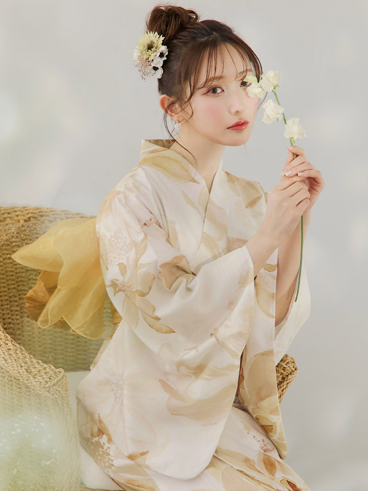 即日発送！】水彩イエローフラワー浴衣【浴衣3点セット 浴衣/帯/下駄
