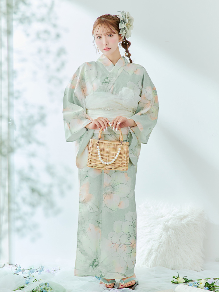 即日発送】アイシーミントフラワー浴衣【浴衣3点セット 浴衣/帯/下駄