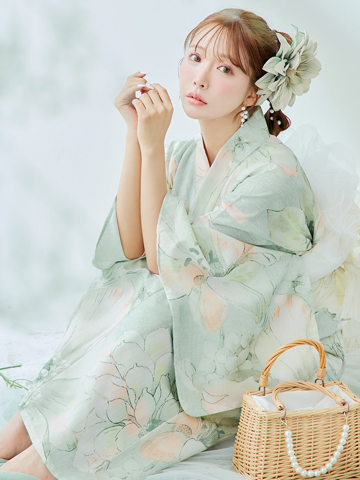 即日発送】アイシーミントフラワー浴衣【浴衣3点セット 浴衣/帯/下駄