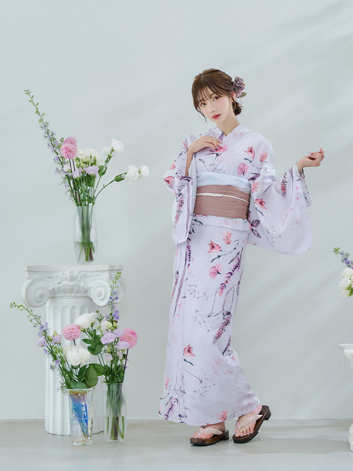 即日発送】【Riuコラボ】ボタニカルフラワーと蝶々の浴衣【浴衣3点