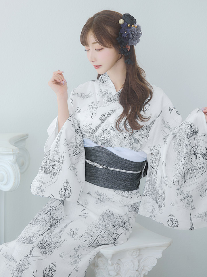 即日発送】【Riuコラボ】白地×パリの街浴衣【浴衣3点セット 浴衣/帯