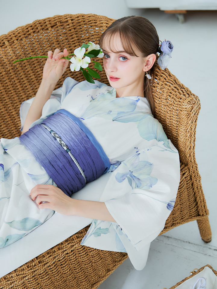 即日発送】【浴衣セール！】水彩百合ナチュラルブルー浴衣【浴衣3点