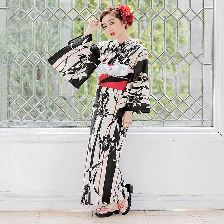 即日発送】【浴衣】ストライプ×百合の花模様浴衣セット[OF04] - キャバ