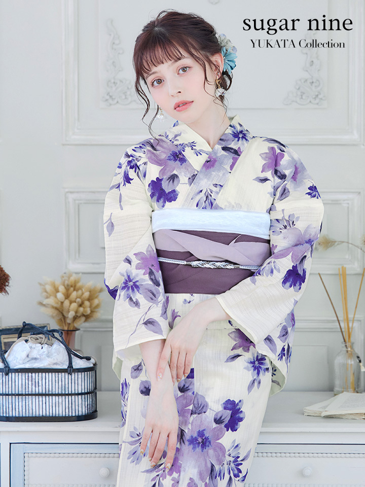 即日発送】白地xパープルグラデーション浴衣 【浴衣3点セット 浴衣/帯