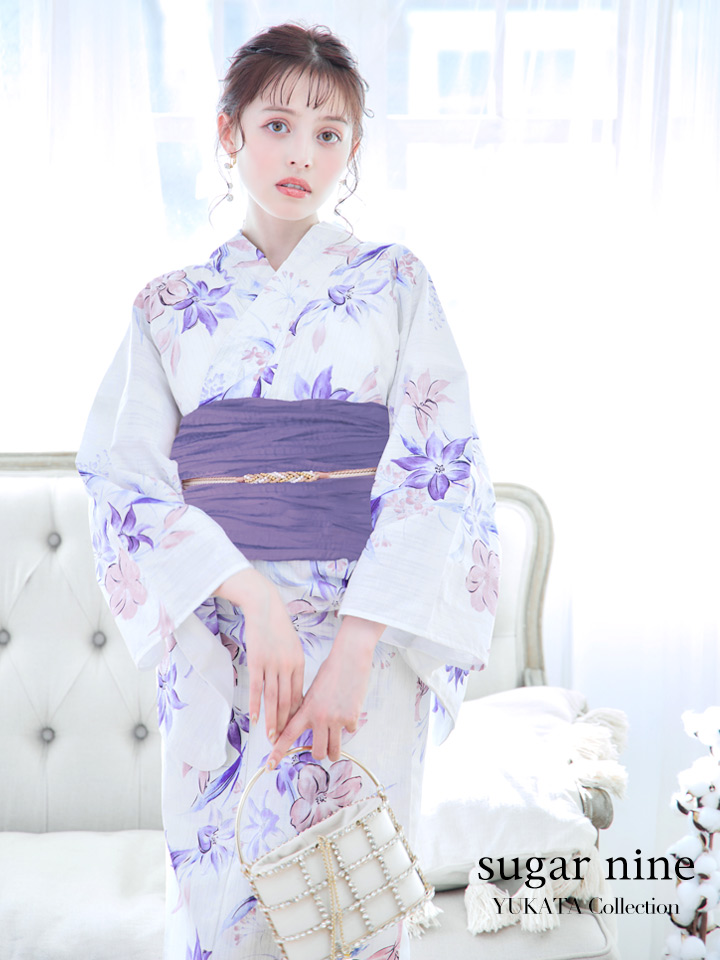 即日発送】パープルxピンクの百合浴衣 【浴衣3点セット 浴衣/帯/下駄