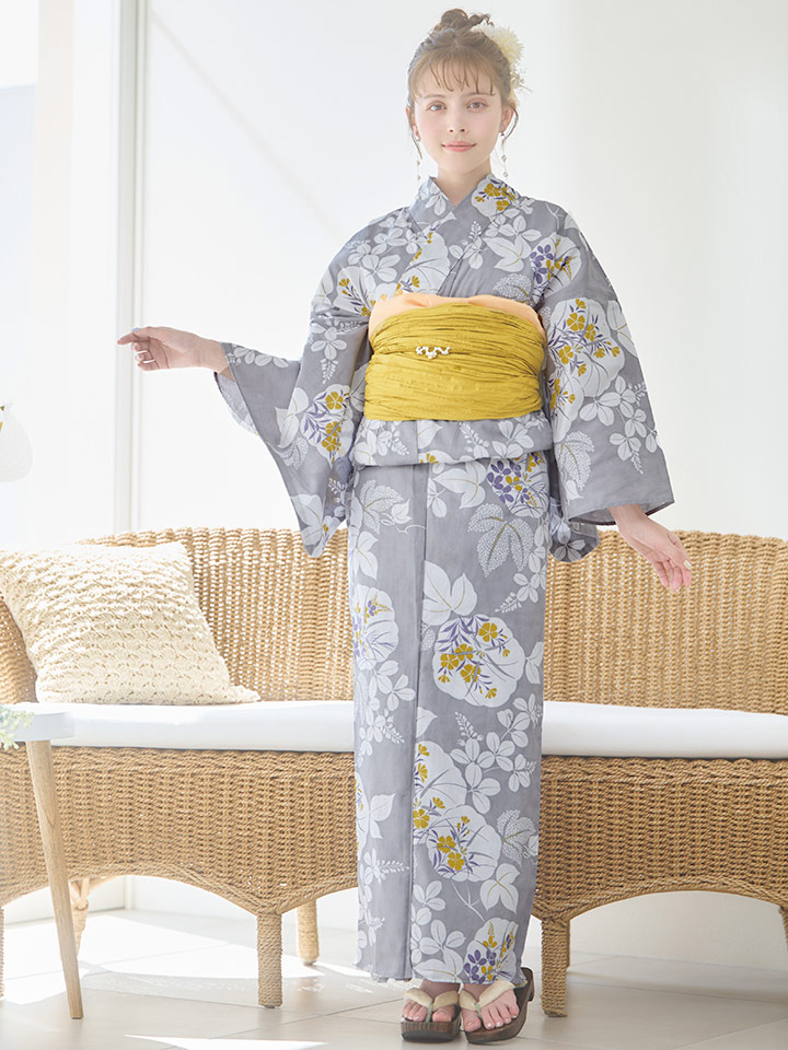即日発送】グレー×フラワー浴衣【浴衣3点セット 浴衣/帯/下駄】[OF04