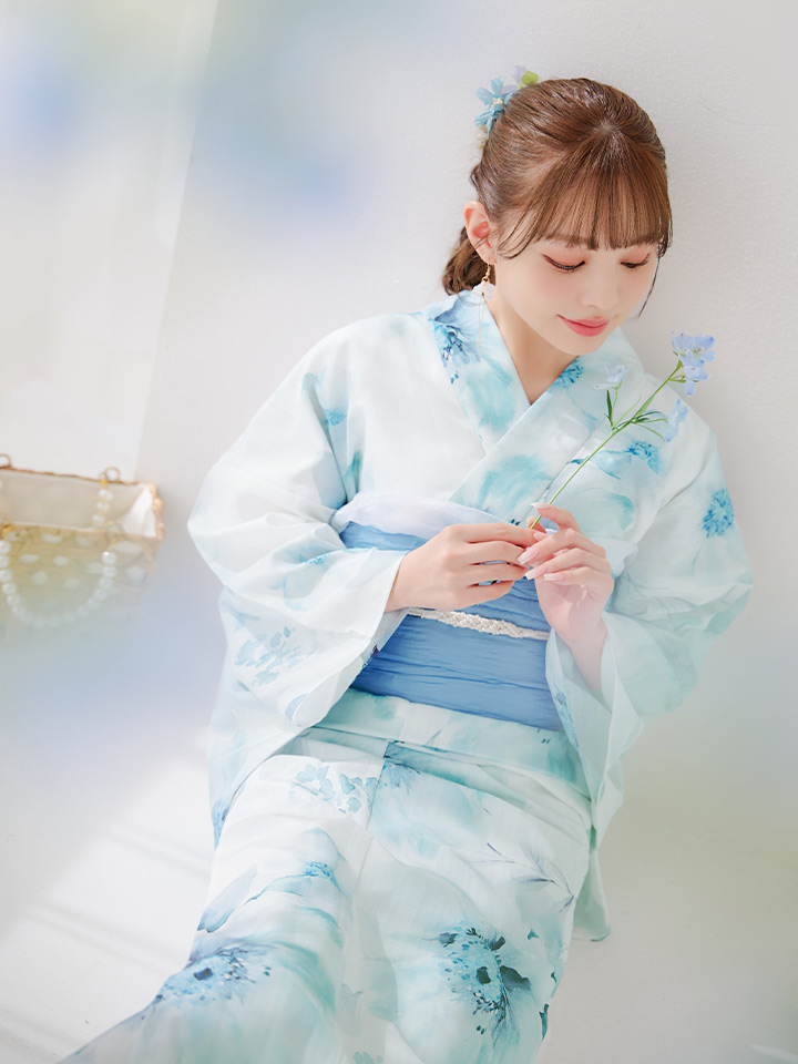 即日発送】ブルーグレイニュアンスフラワー浴衣【浴衣3点セット 浴衣