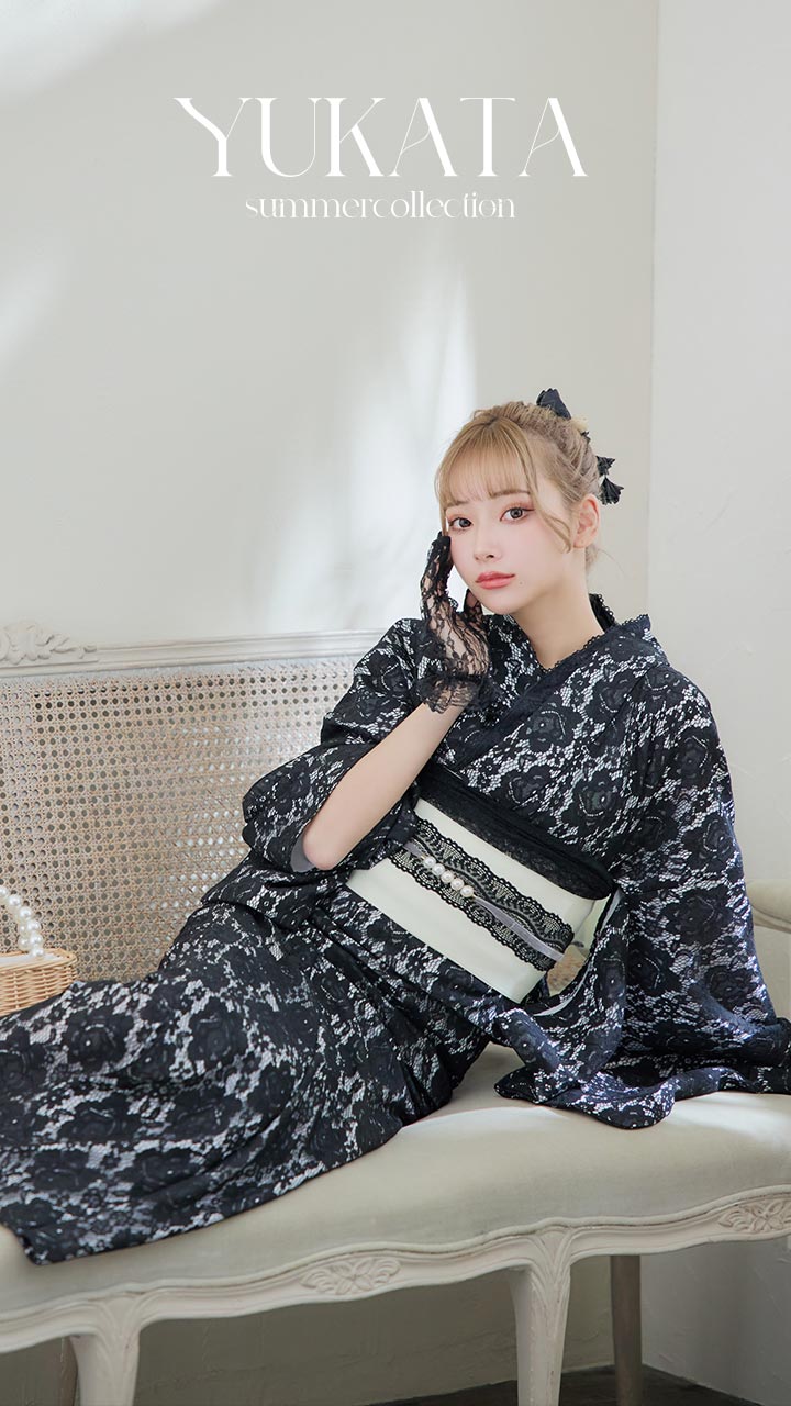 即日発送】ブラックレース浴衣 【浴衣3点セット 浴衣/帯/下駄】[OF04