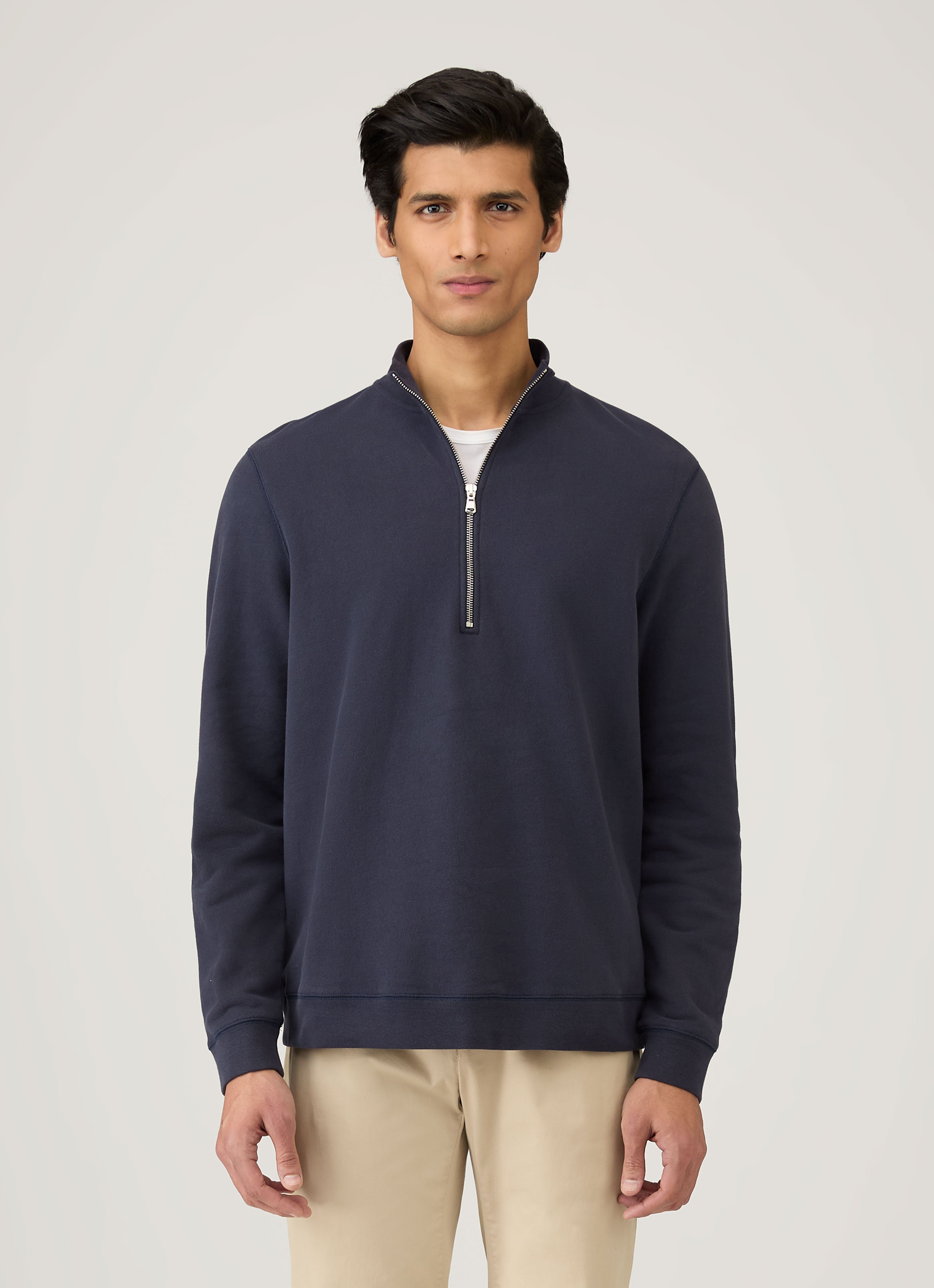 Men's Half Zip Loopback Sweatshirt in Navy | Sunspel