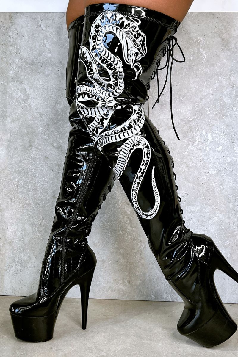 Hella Heels Viper Thicc Thigh High 7inch Boots - Black/White Snake