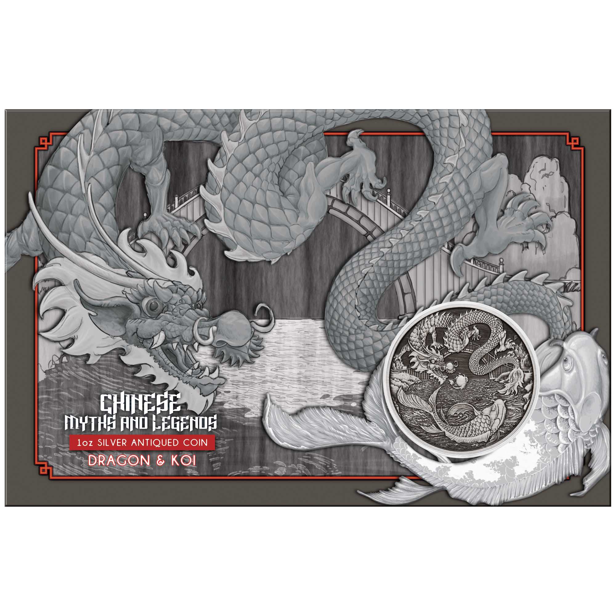 Myths Legends Dragon and Koi 2023 1oz Silver Antiqued Coin in Card
