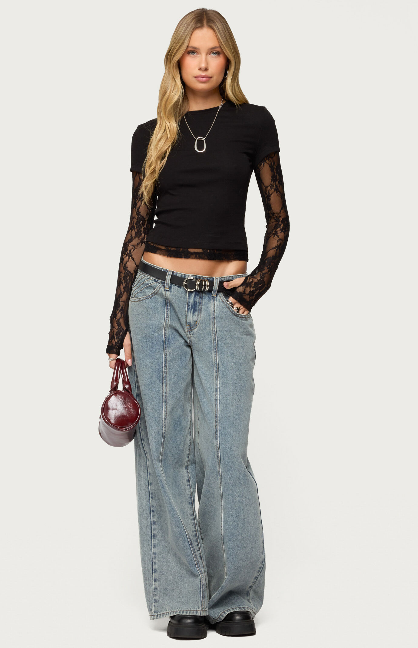 Edikted Layered Lace Sleeve T-Shirt | Pacsun